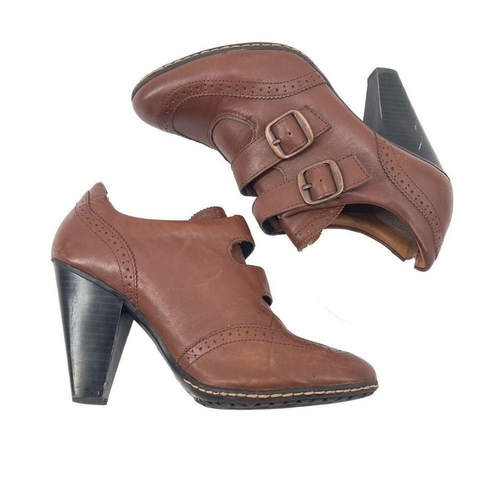 Sofft Womens Leather Bootie Heels Wingtip Buckle Strap Brown Size 7.5 M